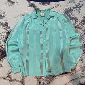 Vintage En-Chanté Mint Green Striped Satin Blouse Shirt